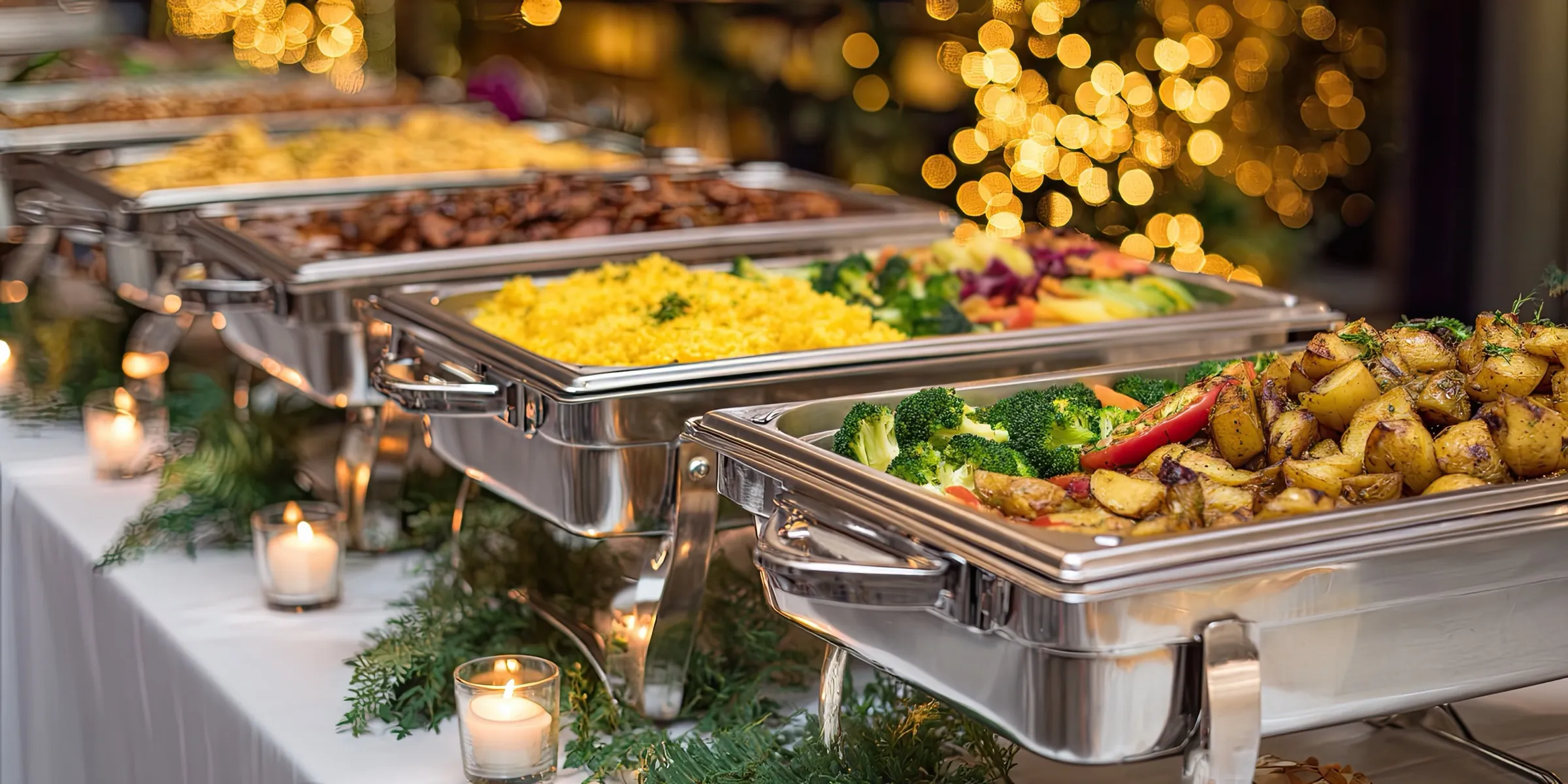 Reichhaltiges Buffet mit warmen Speisen und stimmungsvollem Kerzenschein